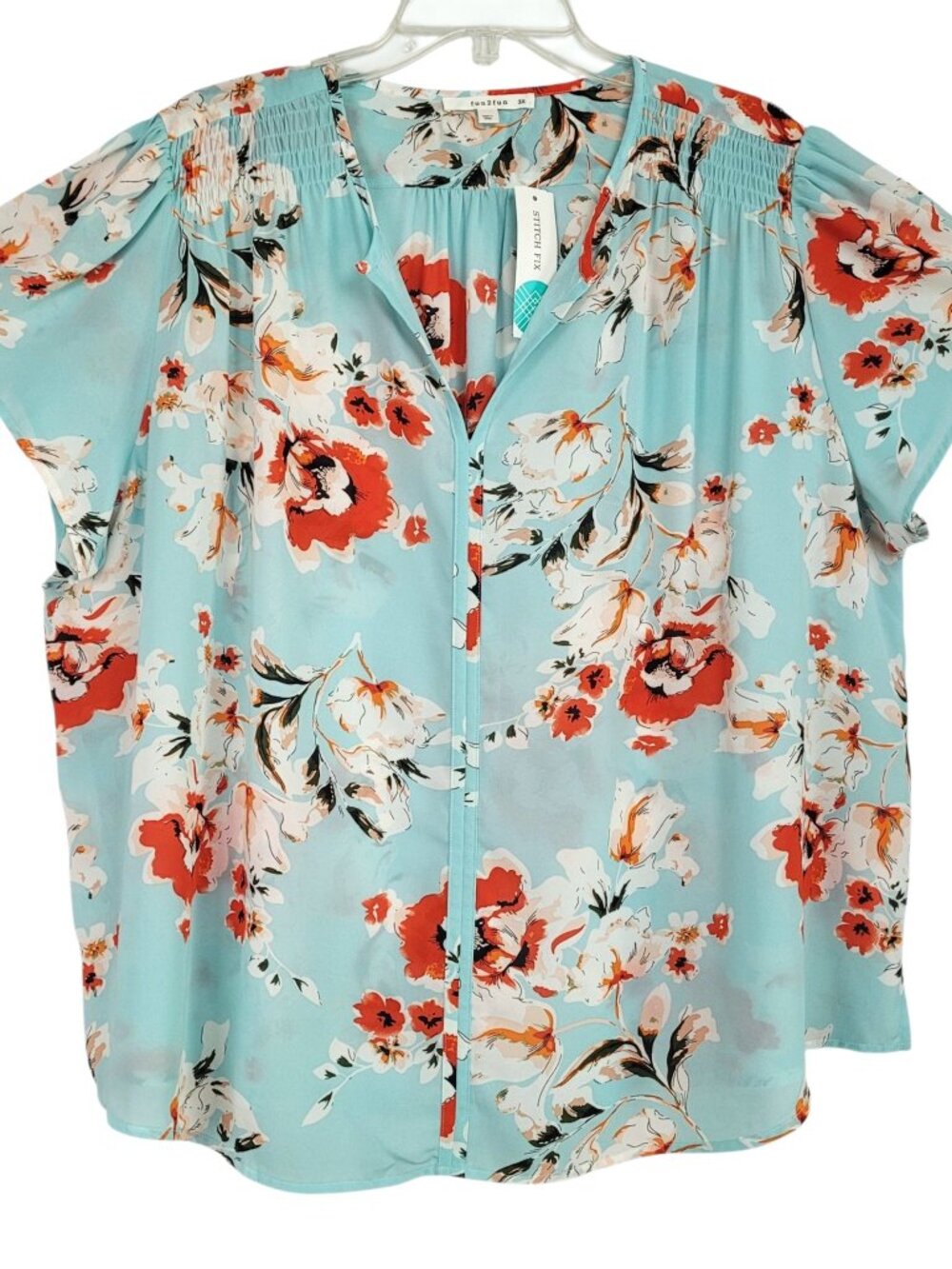 Fun 2 Fun Linnette Blouse Women's 3X Blue Floral Button Up Smocking Lightweight